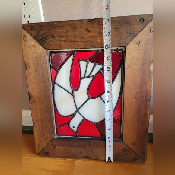 Vintage Holy Spirit White Red Stained Glass & Wood Panel Square #518024 14x 12" - Picture 8 of 11